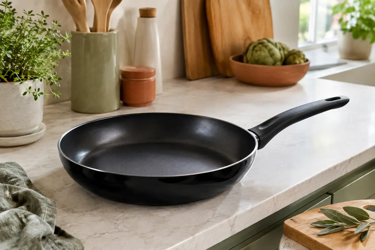 Poêle noire Magefesa de 28 cm en acier émaillé, posée sur une plaque à induction dans une cuisine claire.
