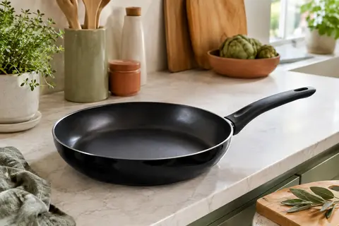 Poêle noire Magefesa de 28 cm en acier émaillé, posée sur une plaque à induction dans une cuisine claire.