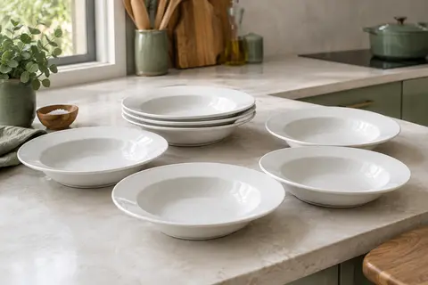 Service de six assiettes creuses rondes en porcelaine blanche, dont une garnie de pâtes sur un plan clair