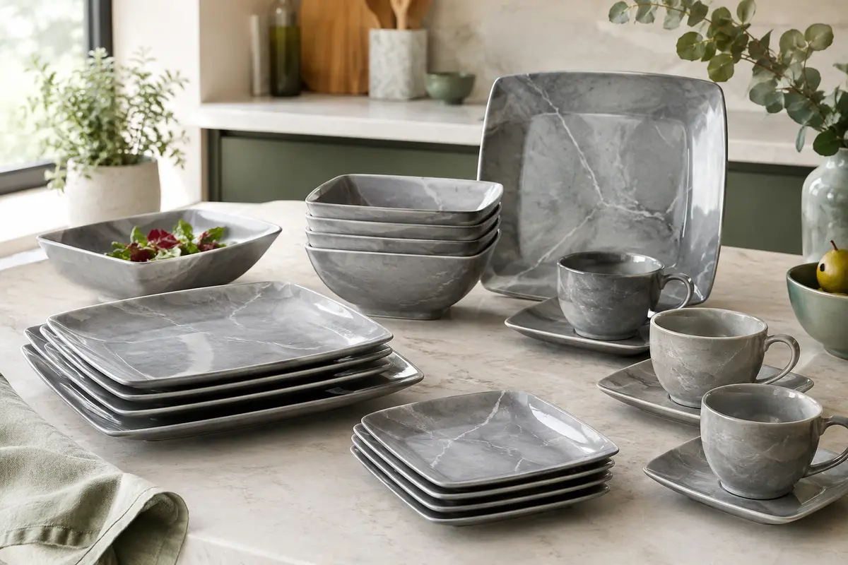 Service de table carré en porcelaine grise à motif marbré, avec assiettes, tasses et soucoupes
