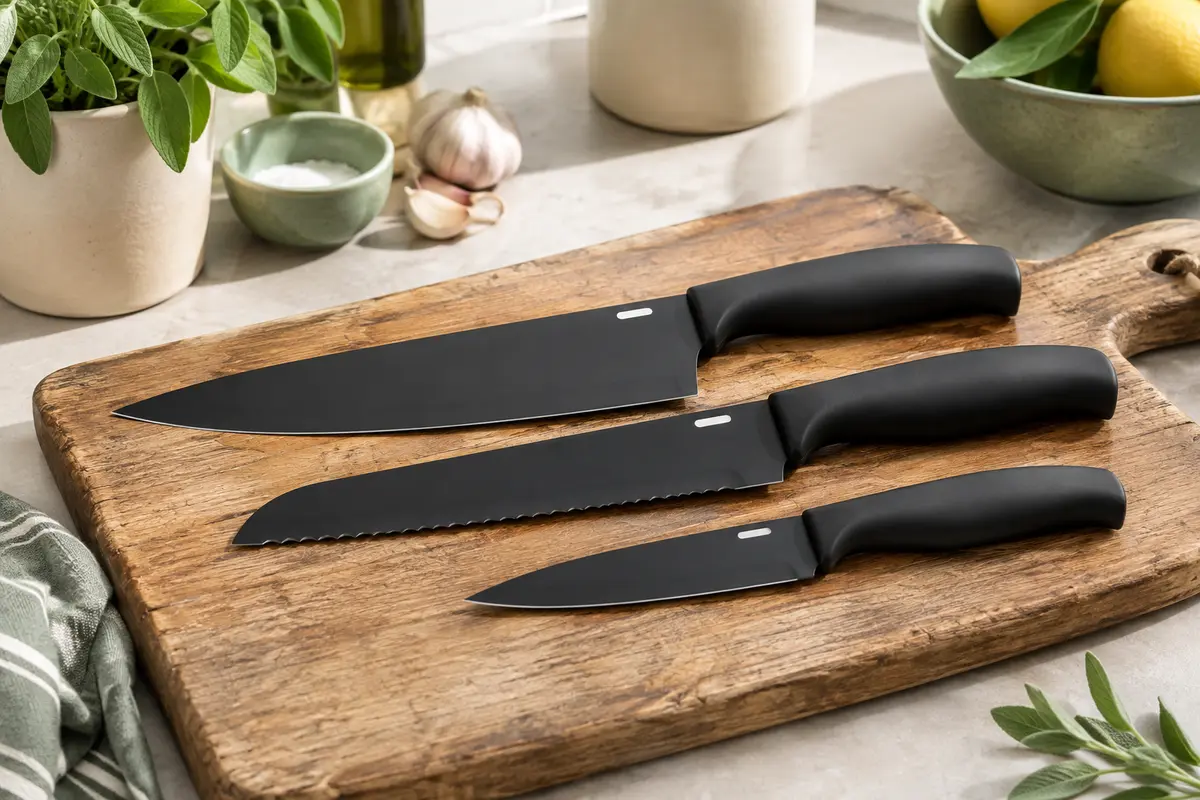 Trois couteaux de cuisine à lames noires et manches souples posés sur un plan de travail clair.