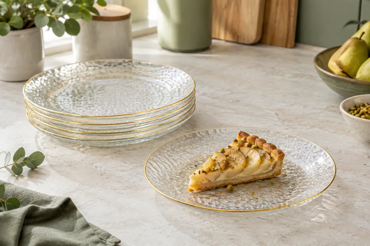 Assiettes à dessert transparentes MATANA au relief martelé et à la bordure dorée, présentées avec une part de tarte.
