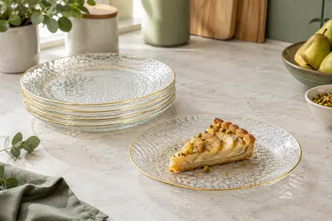 Assiettes à dessert transparentes MATANA au relief martelé et à la bordure dorée, présentées avec une part de tarte.