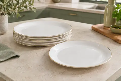 Assiettes rondes blanches en polypropylène avec bordure dorée, empilées sur un plan de travail clair.