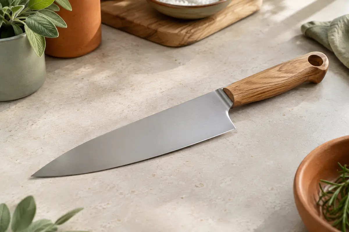Couteau de chef à lame lisse gris argenté et manche en chêne posé sur une planche