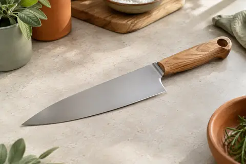 Couteau de chef à lame lisse gris argenté et manche en chêne posé sur une planche