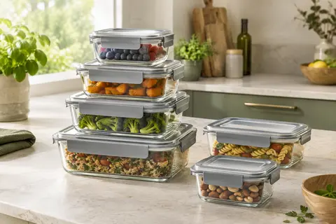 Lot de boîtes rectangulaires en verre transparent avec couvercles gris, empilées sur un plan de travail clair.