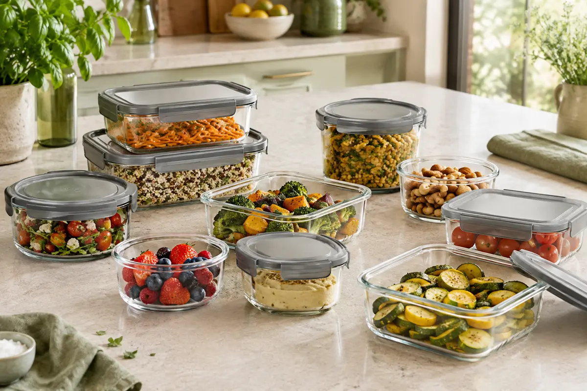 Boîtes alimentaires transparentes en verre borosilicaté avec couvercles gris, disposées sur un plan de travail clair.