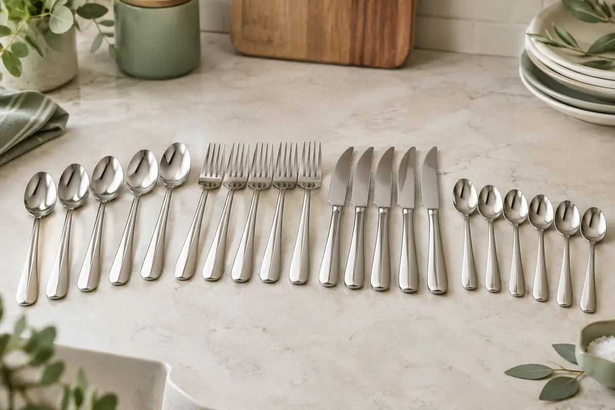 Set de couverts Monix Siena brillant avec couteaux à steak, disposé sur une table claire