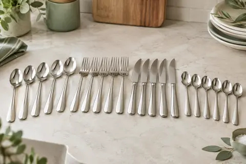 Set de couverts Monix Siena brillant avec couteaux à steak, disposé sur une table claire