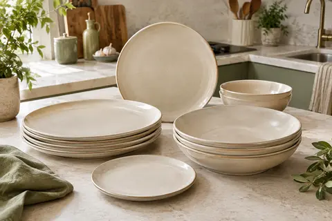 Service de table beige en porcelaine, avec assiettes plates, creuses et à dessert au motif étoile.
