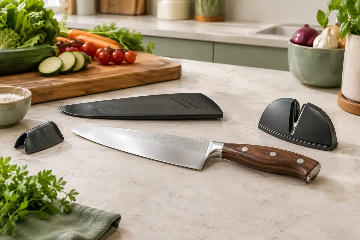 Couteau de chef à lame argentée de 20 cm, manche brun, gaine, aiguiseur et protège-doigts sur un plan de travail clair