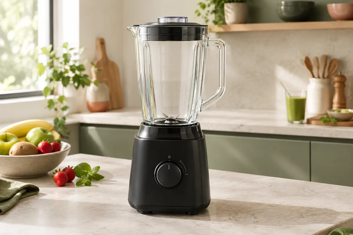 Blender sur socle noir avec carafe graduée et couvercle doseur, posé sur un plan de travail clair.