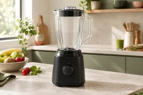 Blender sur socle noir avec carafe graduée et couvercle doseur, posé sur un plan de travail clair.