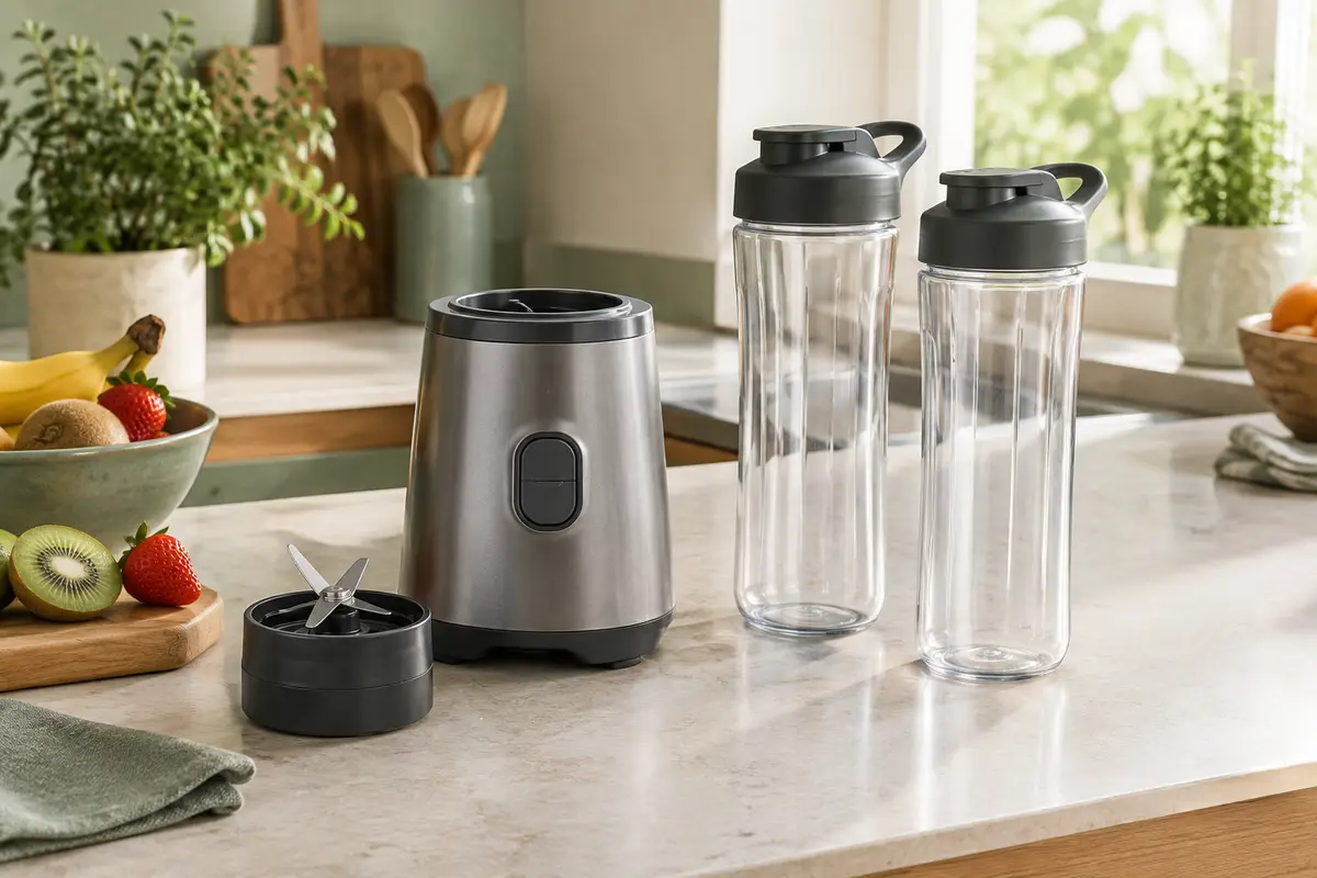 Mini blender gris métal Moulinex avec deux gourdes en Tritan transparent posés sur un plan de travail clair