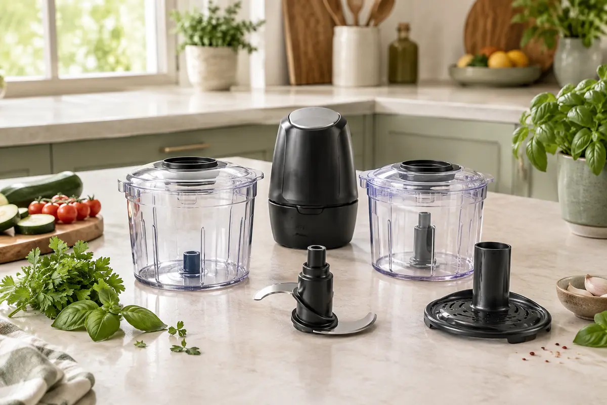 Mini-hachoir noir et transparent avec deux bols, présenté sur un plan de travail clair dans une cuisine lumineuse.