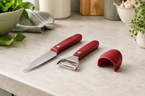 Coffret Petit Chef rouge avec couteau, éplucheur et protège-doigts en bois de hêtre et acier inoxydable.