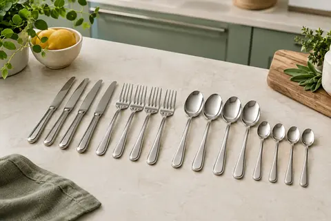 Ménagère de 16 couverts en acier inoxydable argenté disposée sur une table de cuisine claire.