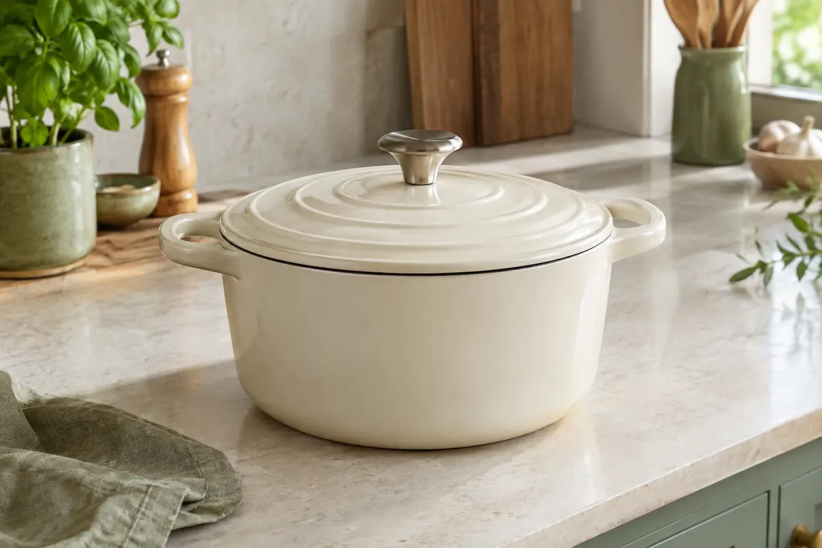 Cocotte ronde en fonte émaillée crème avec couvercle, posée sur un plan de travail clair.