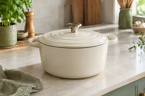 Cocotte ronde en fonte émaillée crème avec couvercle, posée sur un plan de travail clair.