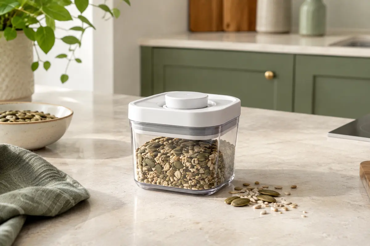 Boîte alimentaire transparente OXO Pop avec couvercle à bouton, posée dans une cuisine claire près de graines sèches.