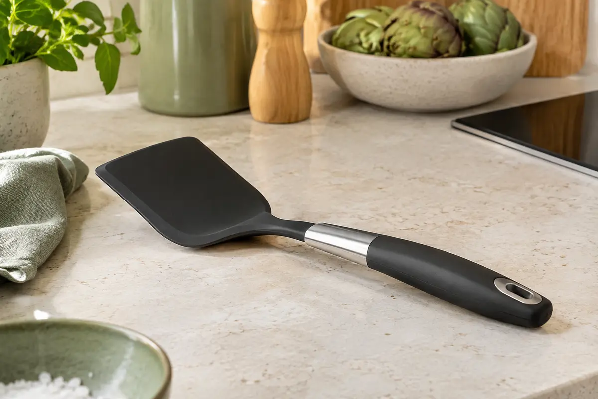 Spatule noire en silicone et acier inoxydable posée près d’une poêle antiadhésive sur un plan clair.