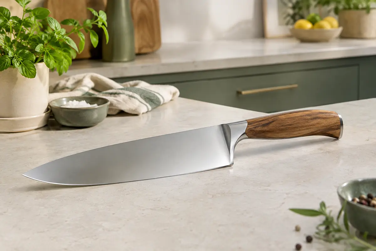 Couteau de chef Paudin à lame inox de 20 cm et manche en bois posé sur un plan de travail clair