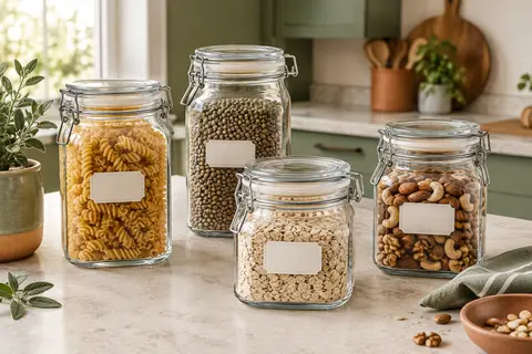 Quatre bocaux carrés en verre transparent avec couvercles à clip et joints, posés sur un plan de cuisine clair.