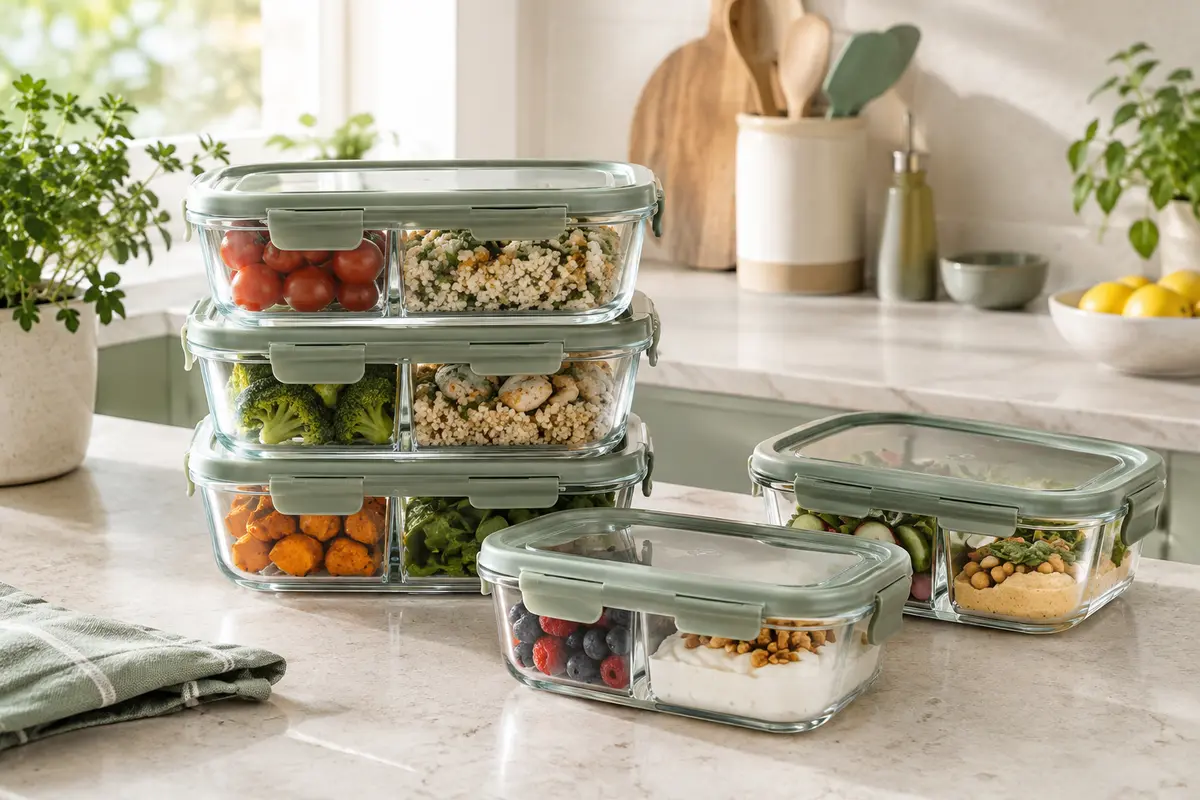 Cinq boîtes alimentaires rectangulaires en verre avec couvercles, empilées sur un plan de travail clair.