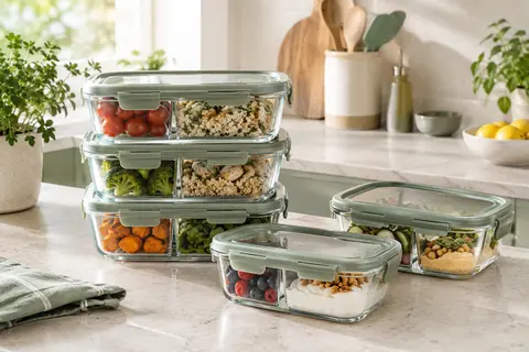 Cinq boîtes alimentaires rectangulaires en verre avec couvercles, empilées sur un plan de travail clair.
