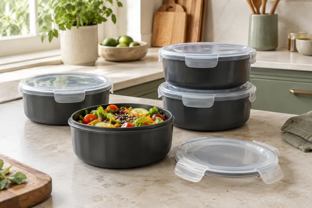 Boîtes repas rondes en plastique foncé à couvercles transparents, disposées sur un plan de travail clair.
