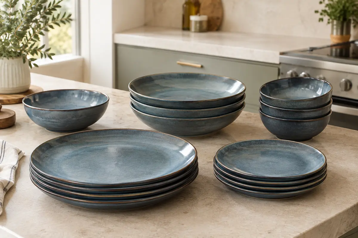 Service de table Ibiza rond en grès cérame bleu fumé, avec assiettes et bols disposés sur une table claire.