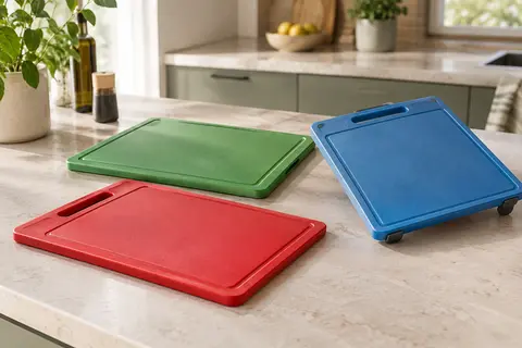 Trois planches à découper en plastique avec rainures à jus, pieds antidérapants et éplucheur sur un plan de travail.