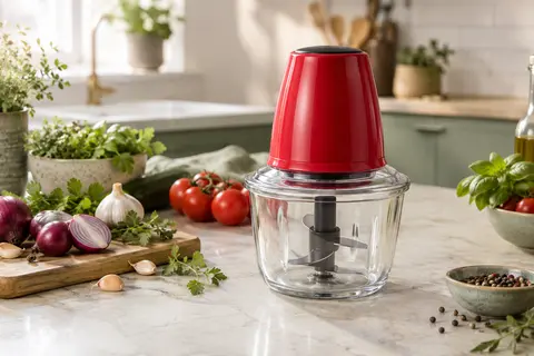 Mini hachoir électrique rouge avec bol en verre et lame en acier inoxydable sur un plan de travail clair