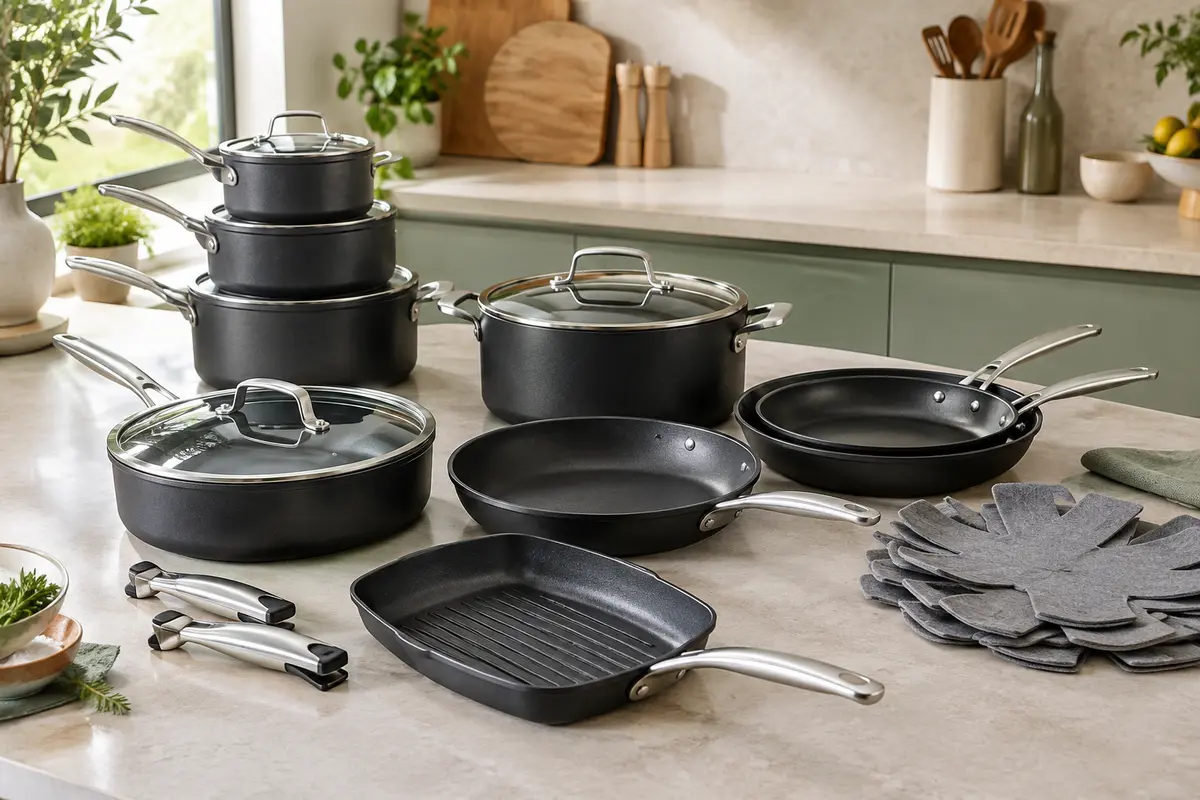 Batterie de cuisine noire avec casseroles, poêles, couvercles en verre et poignées métalliques amovibles