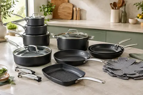 Batterie de cuisine noire avec casseroles, poêles, couvercles en verre et poignées métalliques amovibles