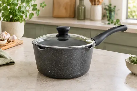 Casserole grise antiadhésive de 3 L avec couvercle en verre, poignée noire et deux becs verseurs