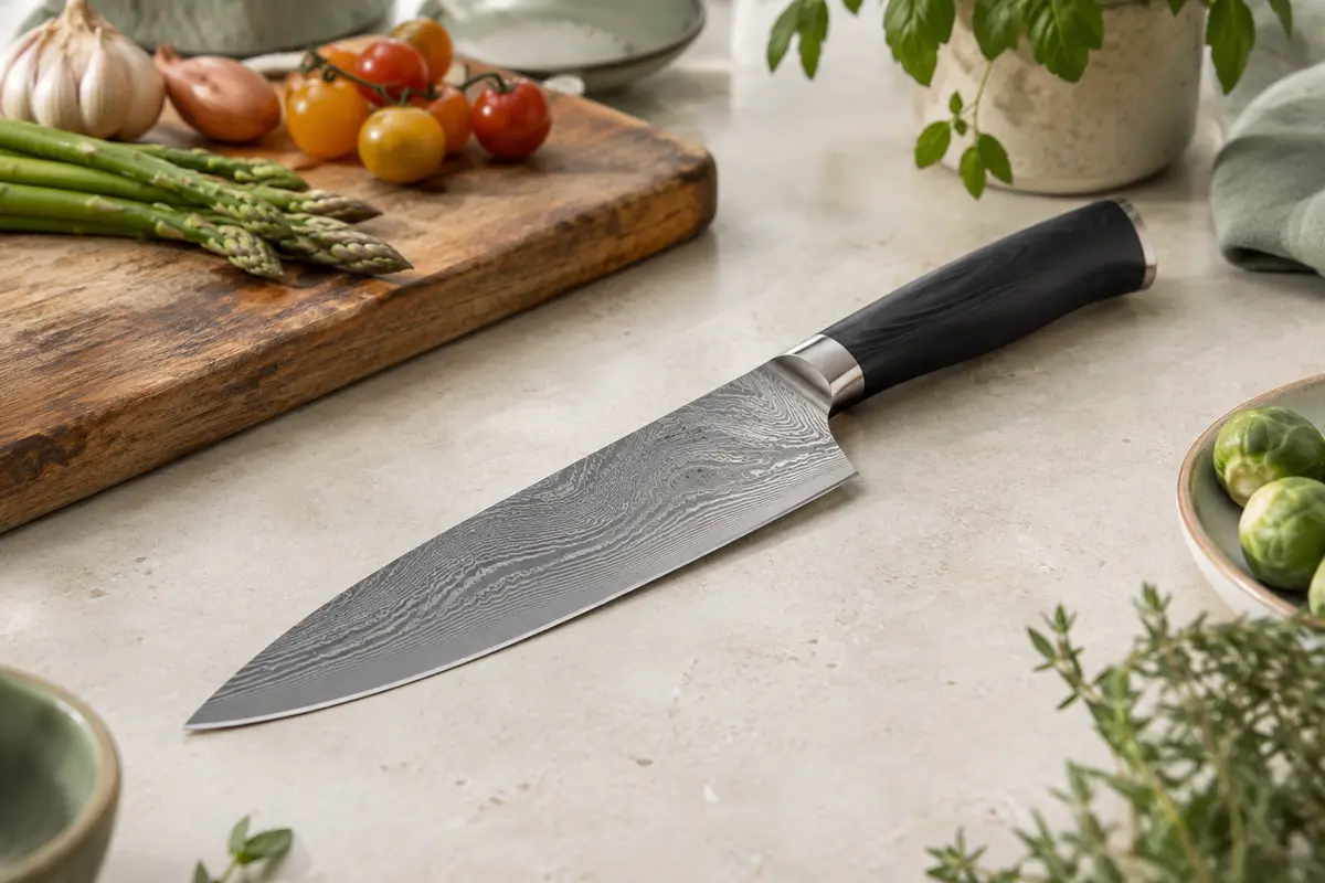 Couteau de chef à lame Damas argentée de 20 cm et manche noir posé sur un plan de travail clair.