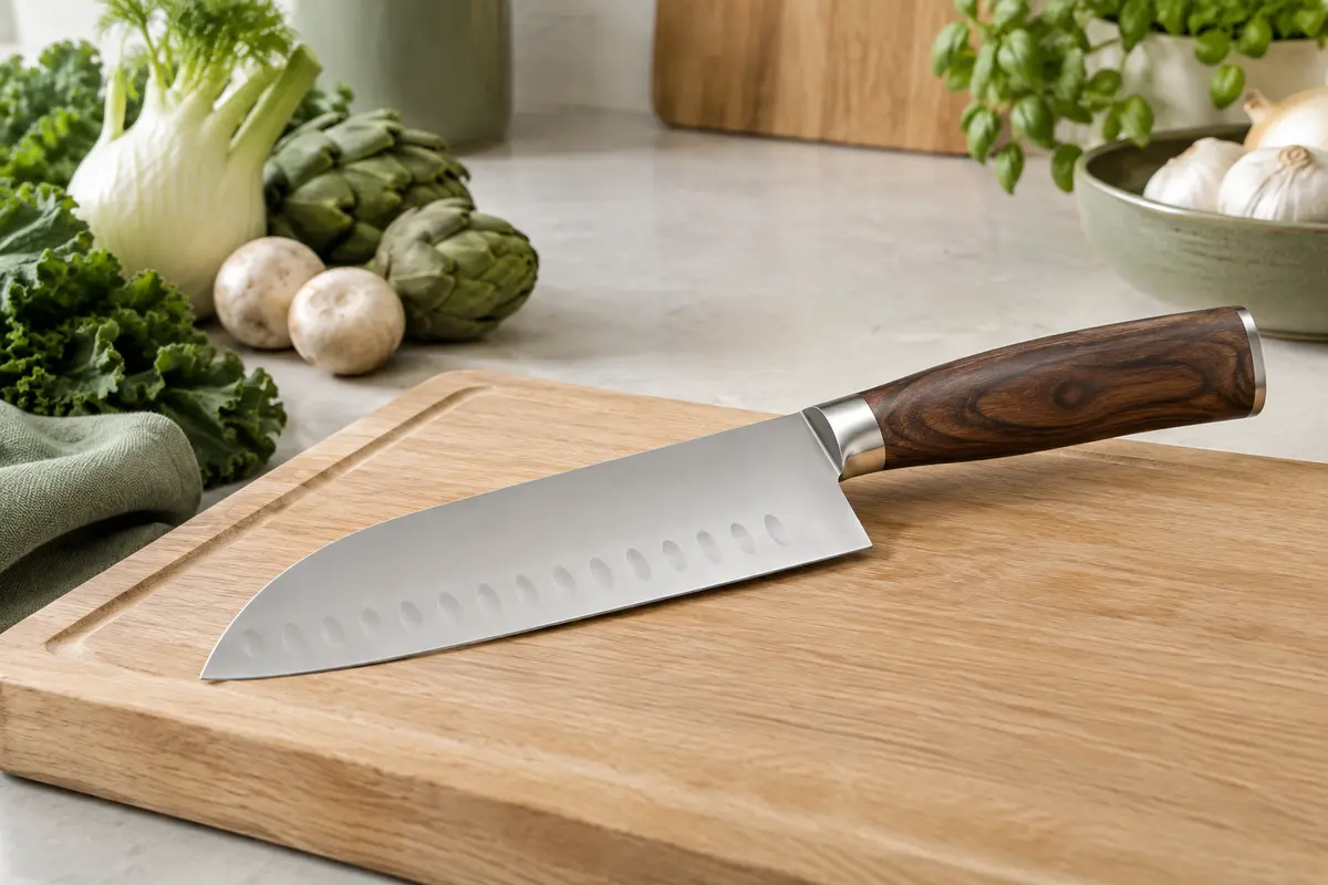 Couteau Santoku Shan ZU à lame argentée cannelée et manche en bois de pakka posé sur un plan de travail clair.
