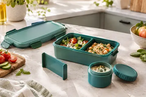 Boîte à lunch bento sarcelle à compartiments avec petit pot à vis sur un plan de travail clair