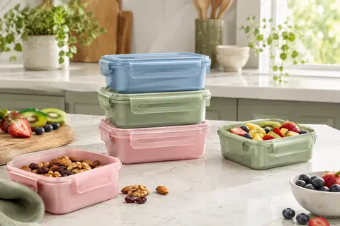 Trois petites boîtes alimentaires Sistema à clips, empilées sur un plan de travail avec des fruits coupés.