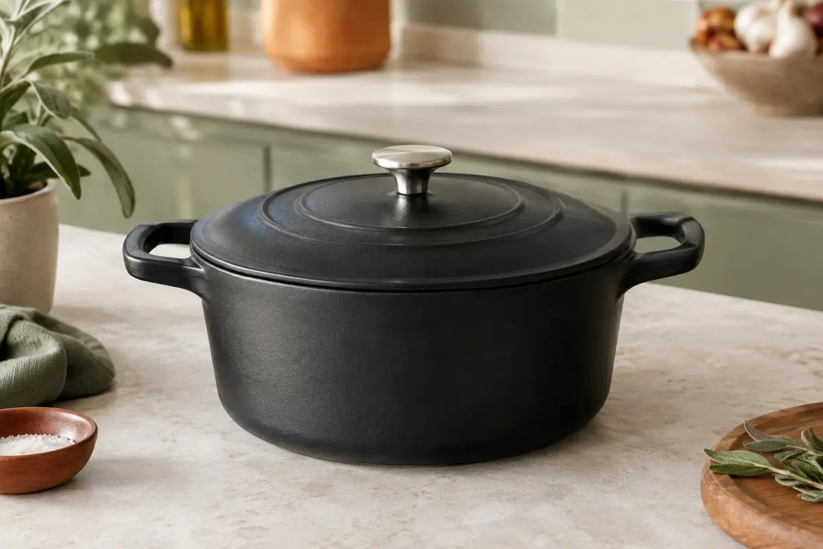Cocotte ronde STAUB en fonte émaillée noire de 20 cm avec couvercle, posée sur un plan de travail clair.