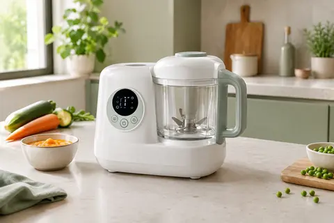 Robot cuiseur-mixeur blanc pour bébé avec bol amovible et commandes digitales sur un plan de travail clair