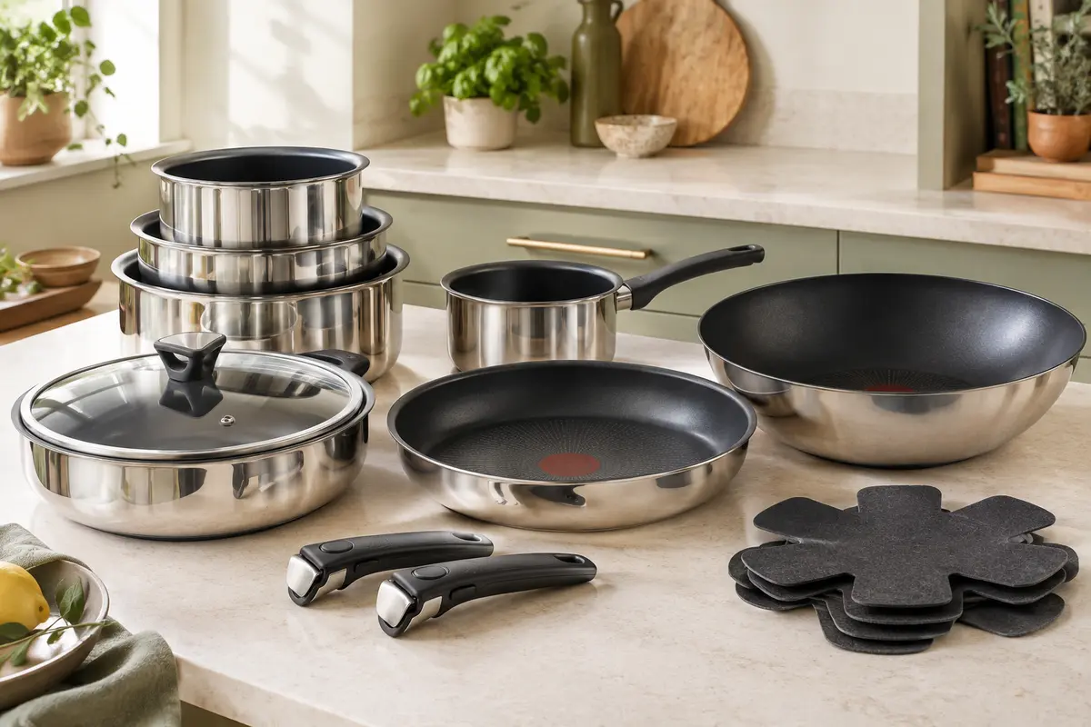 Batterie de cuisine Tefal en inox poli avec casseroles, poêles, couvercle en verre et poignées amovibles