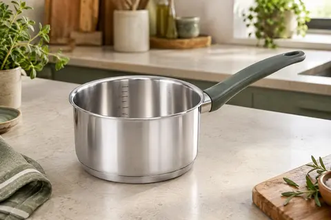 Casserole Tefal Daily Cook en acier inoxydable avec manche ergonomique, posée sur une plaque de cuisson.