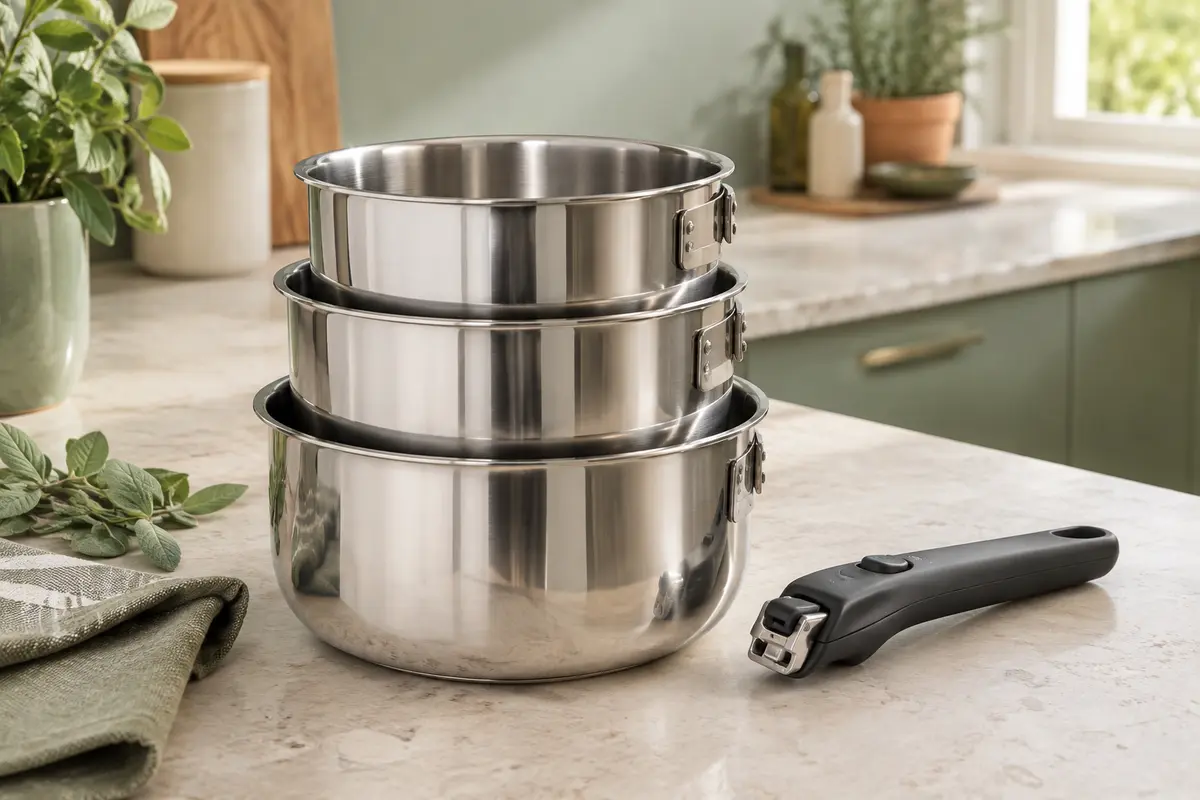 Trois casseroles Tefal en inox empilables de 16, 18 et 20 cm avec leur poignée amovible posée à côté