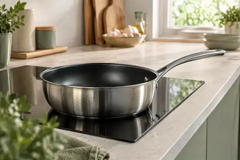 Poêle Tefal Dailycook en inox, à forme profonde et poignée métallisée, posée sur une plaque à induction.