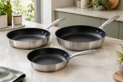 Trois poêles Tefal Duetto en acier inoxydable, de diamètres différents, posées sur un plan de travail clair.