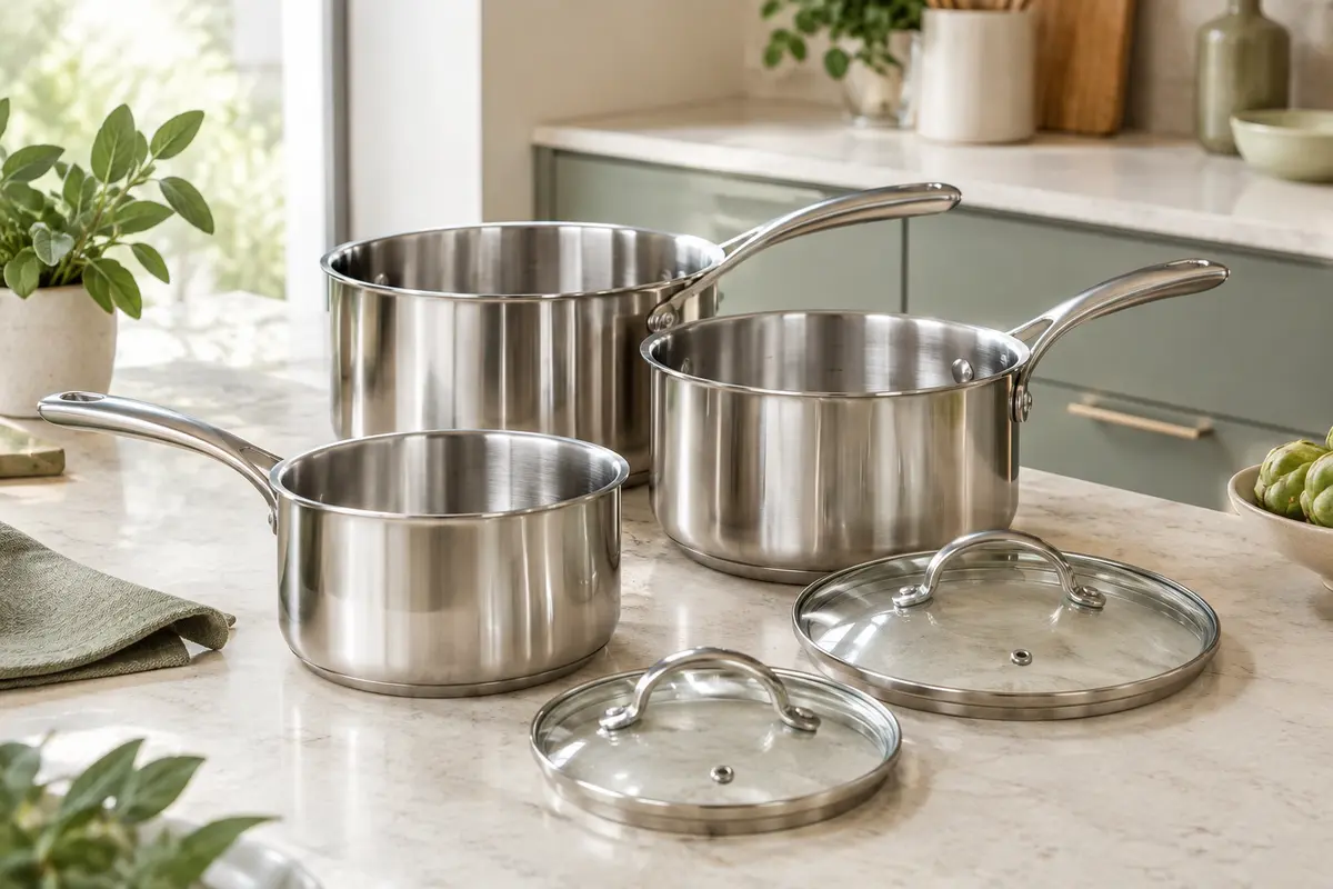 Trois casseroles Tefal en inox poli avec deux couvercles en verre, posées sur un plan de travail clair.