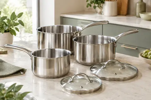 Trois casseroles Tefal en inox poli avec deux couvercles en verre, posées sur un plan de travail clair.